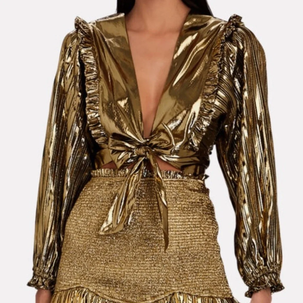 LOVESHACKFANCY ‘MISSY’ PLEATED GOLD LAMÉ CROP TOP New with tags